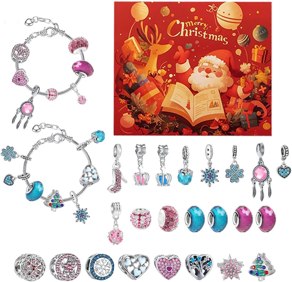Christmas Advent Calendar Bracelets, Advent Calenda 2025 24 Days Christmas Countdown Calendar,Diy Jewelry Making Kit Christmas New Year Gift 22 Charm Beads 2 Bracelets (# D)